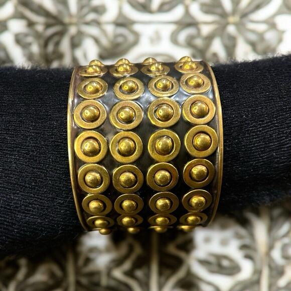 Vtg Brass Bangle Bracelet 2" Wide 4 Rows Studs /Grommets On Black Enamel- Boho - Picture 2 of 4